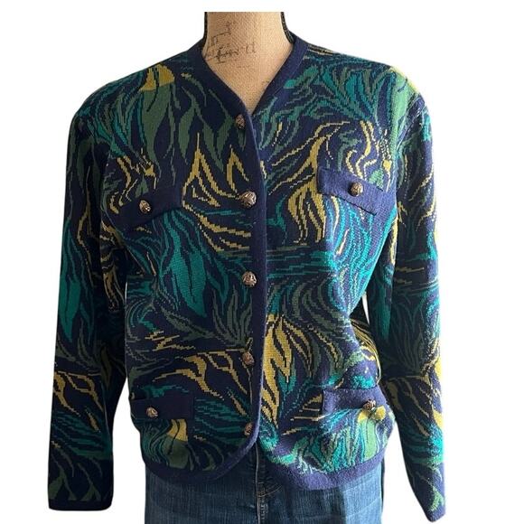 Vintage Mixage 80s Abstract Knit Cardigan Sweater Gold Buttons Chunky Artsy M - Picture 16 of 17